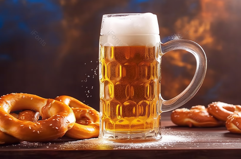 啤酒和椒盐卷饼实拍摄影图,高清,摄影图,摄影图片,图片大全,摄影图免费下载